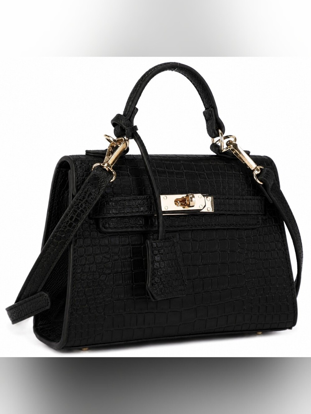 Classic Black Croc-Texture Mini Top-Handle Bag
